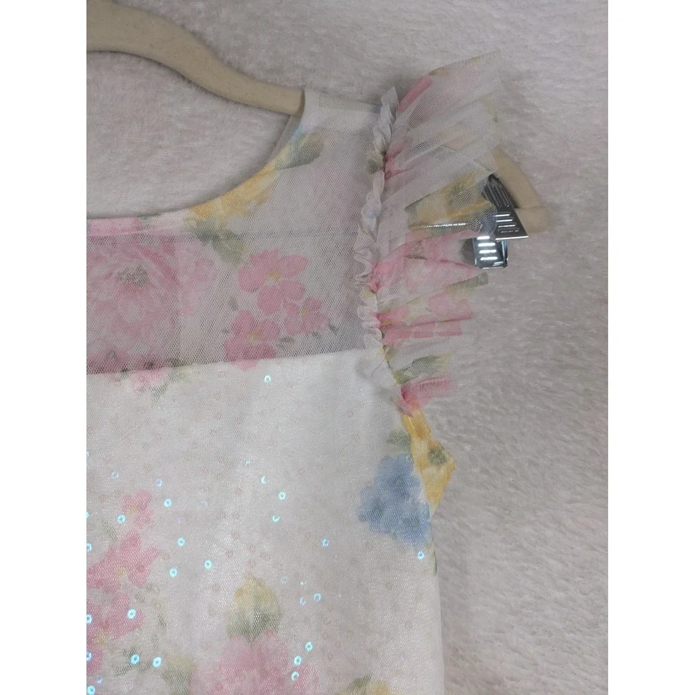 Jona Michelle Party Dress Girl's Size 7 White Floral Sequin Tiered Tulle Bow